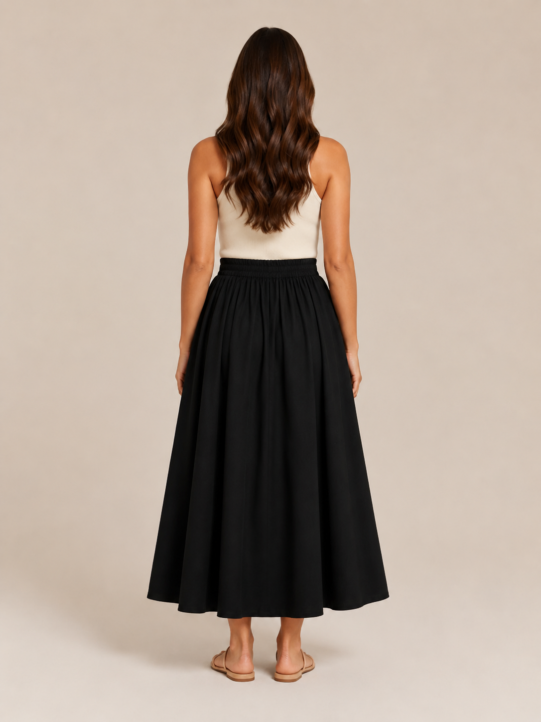 Falda midi de línea A para mujer, de cintura alta, con cintura elástica, pliegues suaves y bolsillos - falda elegante y cómoda para el trabajo, el uso diario y el tiempo libre