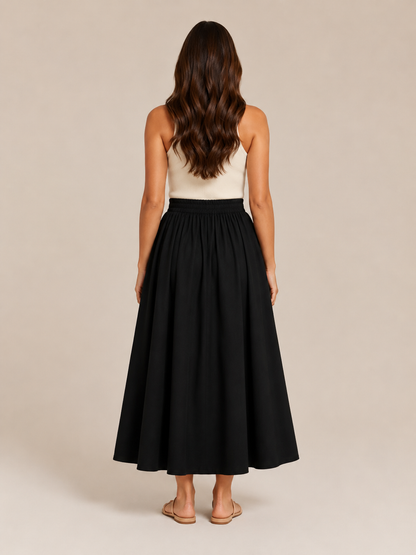 Falda midi de línea A para mujer, de cintura alta, con cintura elástica, pliegues suaves y bolsillos - falda elegante y cómoda para el trabajo, el uso diario y el tiempo libre