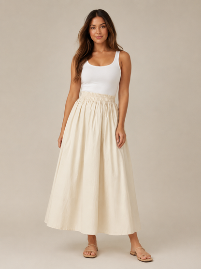 Falda midi de línea A para mujer, de cintura alta, con cintura elástica, pliegues suaves y bolsillos - falda elegante y cómoda para el trabajo, el uso diario y el tiempo libre