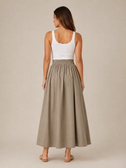 Falda midi de línea A para mujer, de cintura alta, con cintura elástica, pliegues suaves y bolsillos - falda elegante y cómoda para el trabajo, el uso diario y el tiempo libre