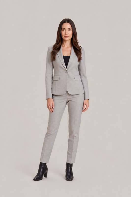 Set de pantaloni croit impecabil pentru femei, cu blazer cambrat cu un singur rând de nasturi și pantaloni cu croială dreaptă - costum elegant pentru birou, mediul business și stil smart casual