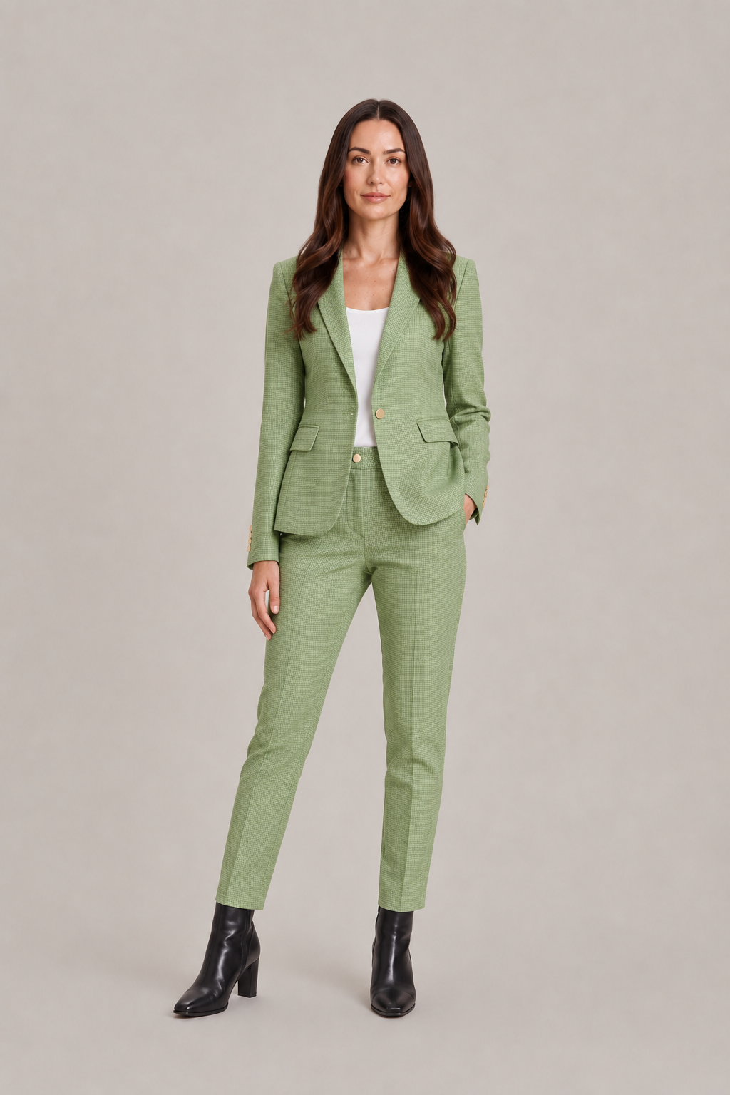 Damski garnitur z dopasowaną jednorzędową marynarką i spodniami z prostymi nogawkami - elegancki garnitur do biura, biznesowych stylizacji i stylu smart casual