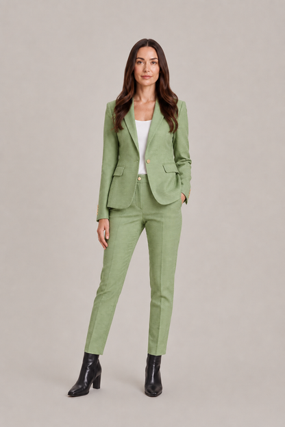Damski garnitur z dopasowaną jednorzędową marynarką i spodniami z prostymi nogawkami - elegancki garnitur do biura, biznesowych stylizacji i stylu smart casual