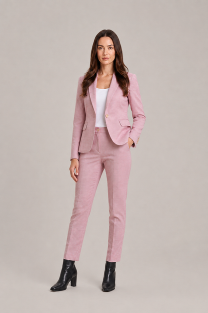 Damski garnitur z dopasowaną jednorzędową marynarką i spodniami z prostymi nogawkami - elegancki garnitur do biura, biznesowych stylizacji i stylu smart casual