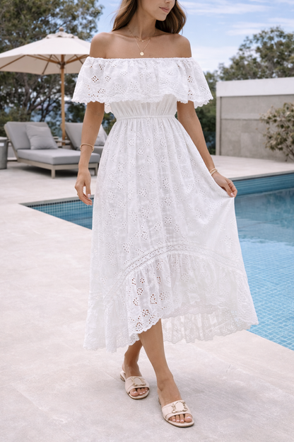 Dame Off-Shoulder Maxikjole Med Broderi Og Flæsekant