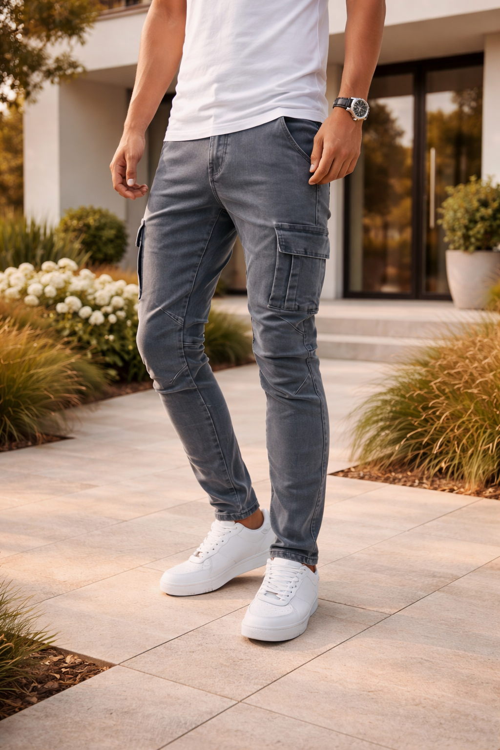 Herre Cargo Jeans Med Smal Pasform Og Utility Detaljer