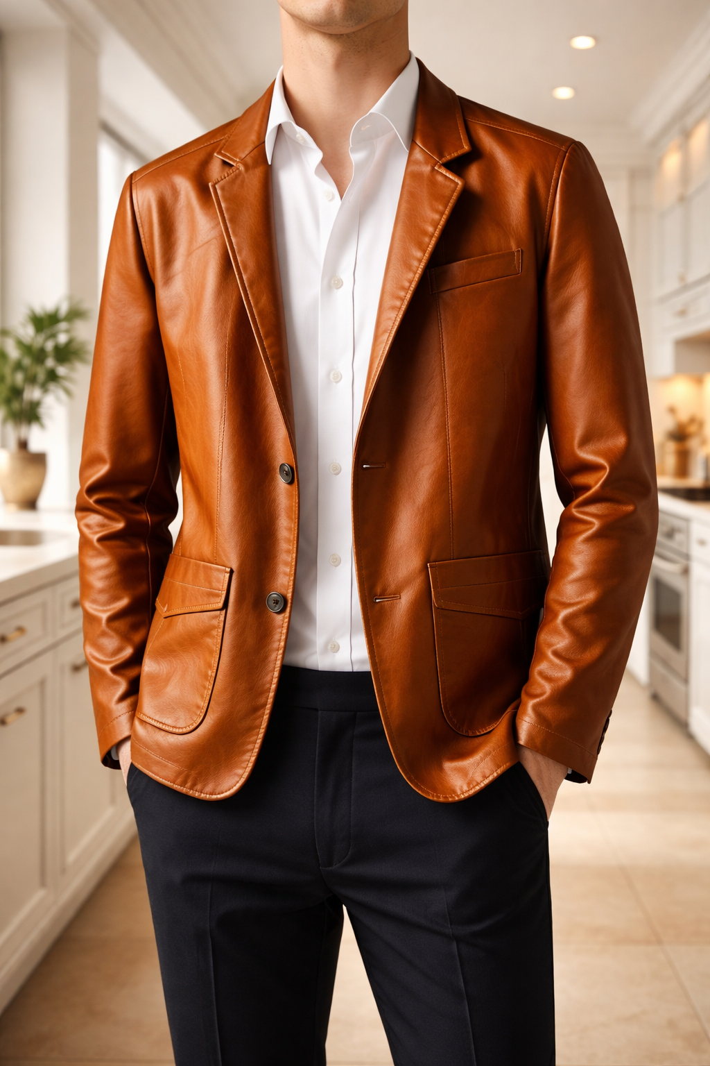 Herre Læderblazer Med Enkeltknaplukning – Elegant Jakke Til Kontor, Hverdagsbrug, Business Og Smart Casual Stil
