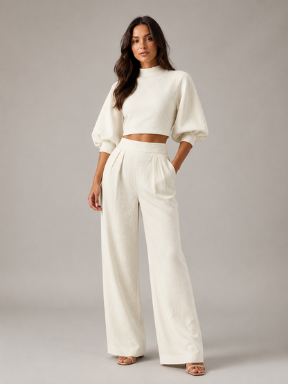 Women's Cropped 2-Piece Set With Turtleneck Top, Balloon Sleeves And Pleated Wide-Leg Trousers – Elegant Summer Set For Parties, Vacations And Special Occasions