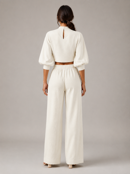 Women's Cropped 2-Piece Set With Turtleneck Top, Balloon Sleeves And Pleated Wide-Leg Trousers – Elegant Summer Set For Parties, Vacations And Special Occasions