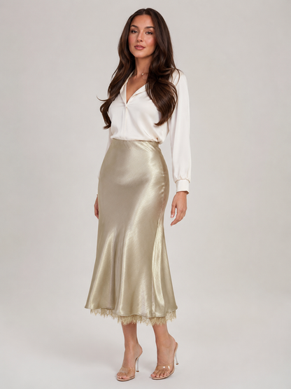 Falda midi de mujer con efecto satén, línea A y cintura alta, con borde de encaje - Falda elegante para cenas, fiestas y ocasiones especiales