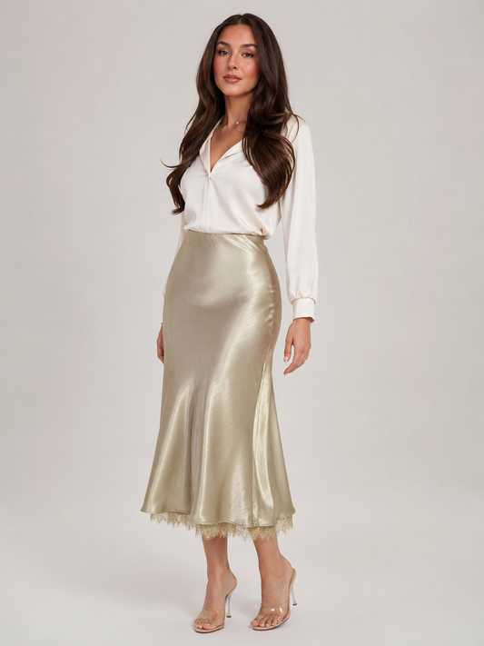 Dame Satin-look Midinederdel Med Højtaljet A-linje Og Blondekant – Elegant Nederdel Til Middage, Fest Og Særlige Anledninger