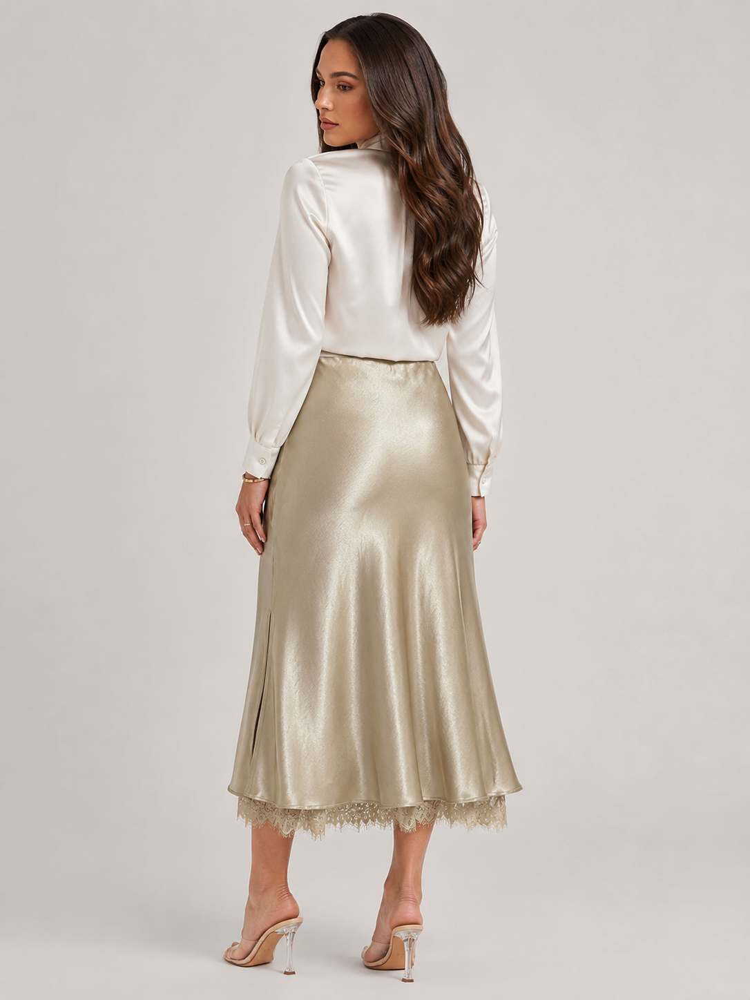 Falda midi de mujer con efecto satén, línea A y cintura alta, con borde de encaje - Falda elegante para cenas, fiestas y ocasiones especiales