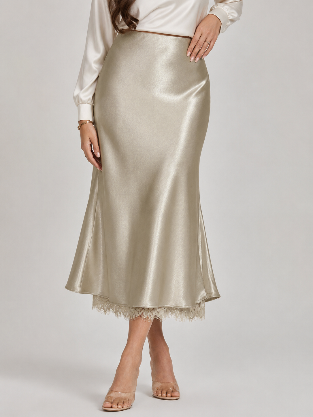 Falda midi de mujer con efecto satén, línea A y cintura alta, con borde de encaje - Falda elegante para cenas, fiestas y ocasiones especiales