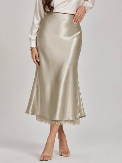 Falda midi de mujer con efecto satén, línea A y cintura alta, con borde de encaje - Falda elegante para cenas, fiestas y ocasiones especiales