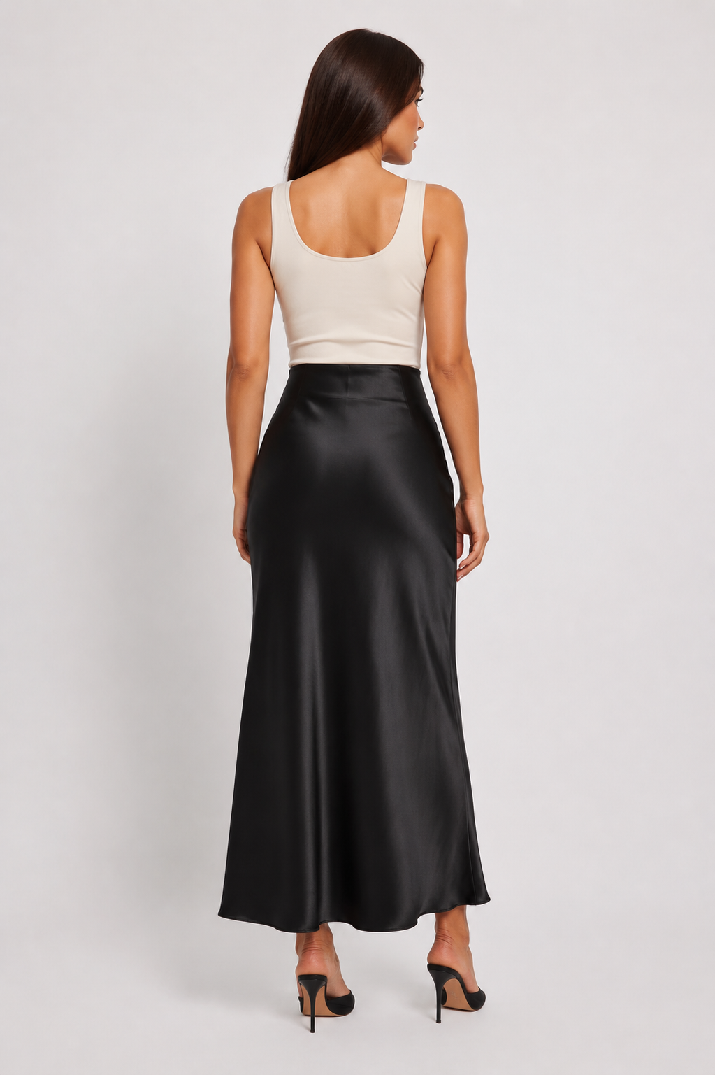 Falda larga de satén para mujer, de cintura alta y línea A, con brillo suave - falda elegante y fluida para cenas, fiestas y ocasiones especiales