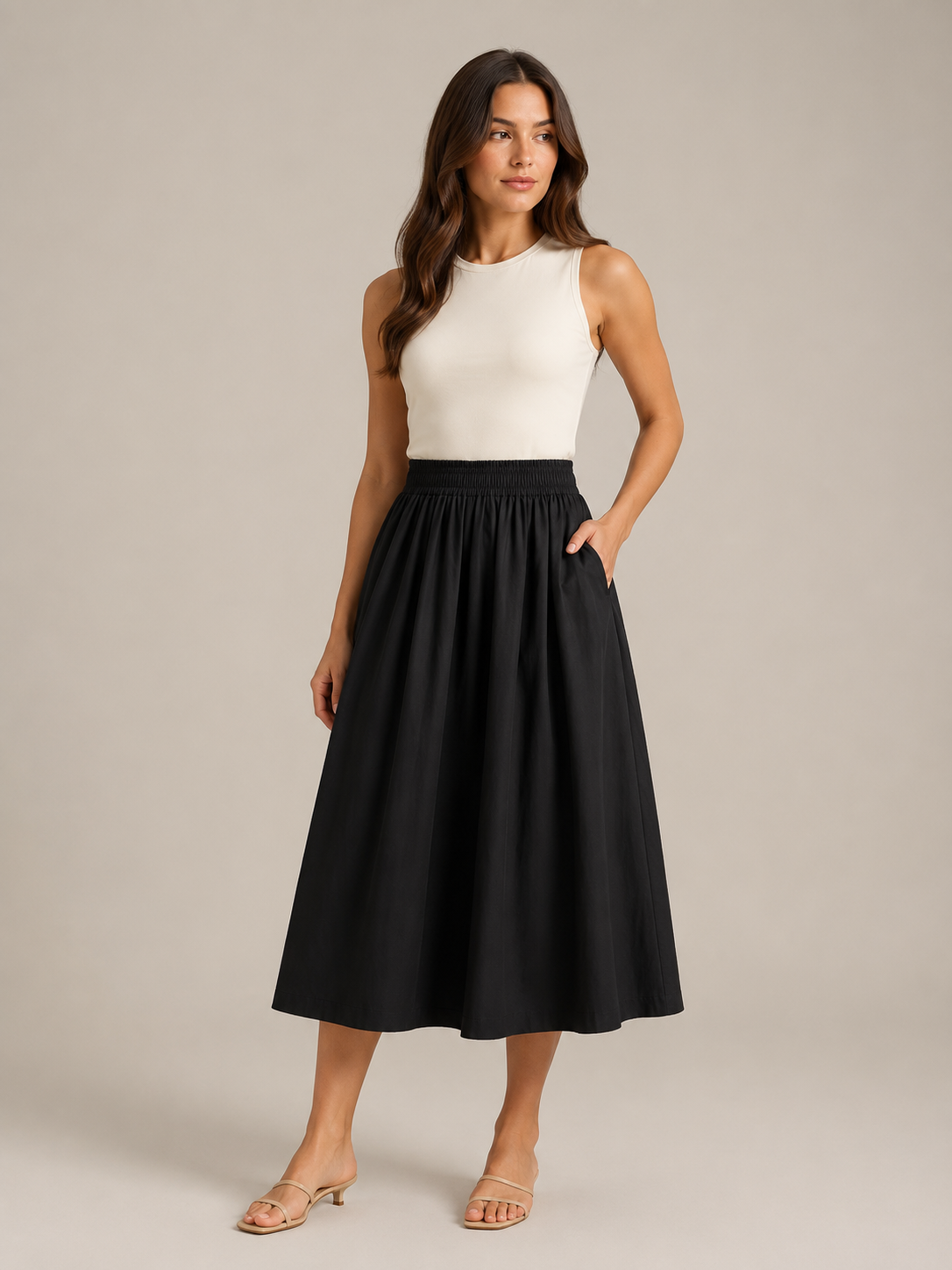 Falda midi plisada para mujer, de cintura alta y línea A, con cintura elástica y bolsillos - falda elegante y cómoda para el trabajo, los fines de semana y el uso diario