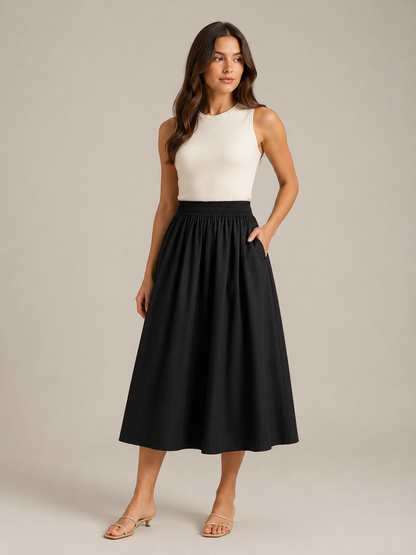Falda midi plisada para mujer, de cintura alta y línea A, con cintura elástica y bolsillos - falda elegante y cómoda para el trabajo, los fines de semana y el uso diario