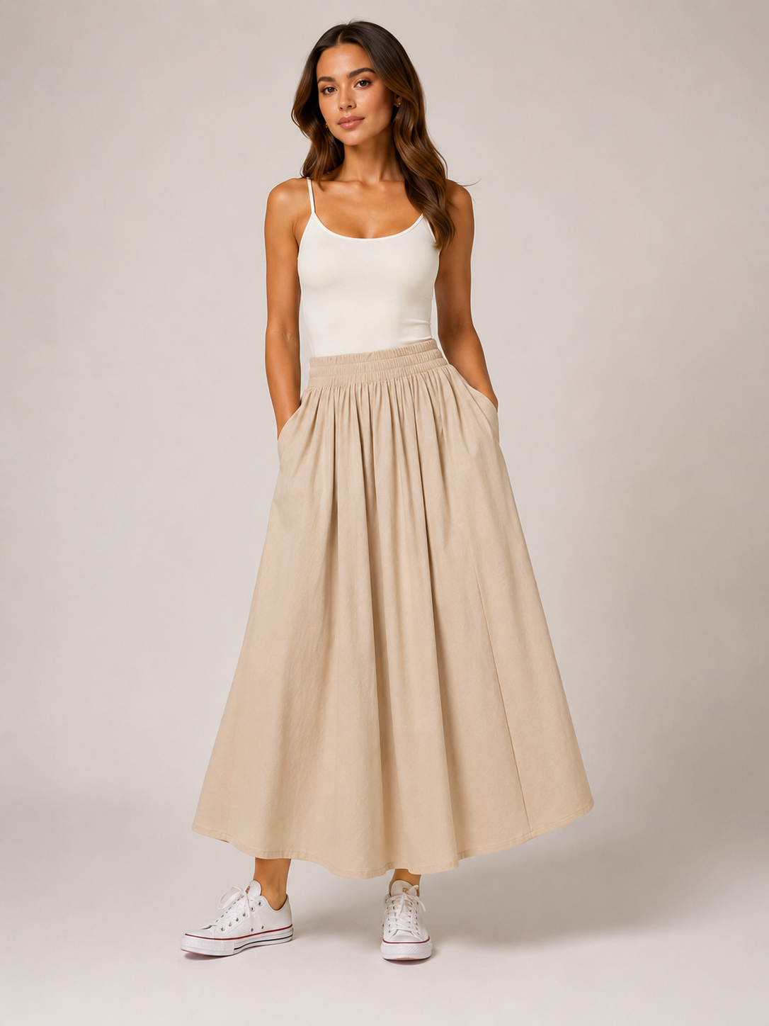 Falda midi plisada para mujer, de cintura alta y línea A, con cintura elástica y bolsillos - falda elegante y cómoda para el trabajo, los fines de semana y el uso diario