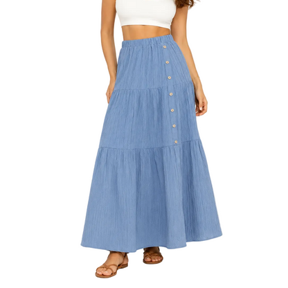 Falda larga bohemia para mujer, con diseño de varias capas, cintura alta elástica y cierre frontal de botones - falda de verano ligera para las vacaciones, el uso diario y un estilo informal