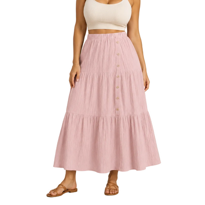 Falda larga bohemia para mujer, con diseño de varias capas, cintura alta elástica y cierre frontal de botones - falda de verano ligera para las vacaciones, el uso diario y un estilo informal