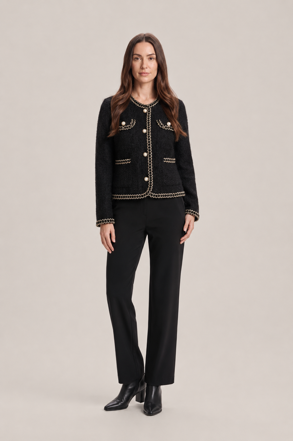 Chaqueta de tweed entallada de mujer con cuello redondo, botones de perlas y detalles de cadena - Blazer elegante para el trabajo, cenas y ocasiones especiales