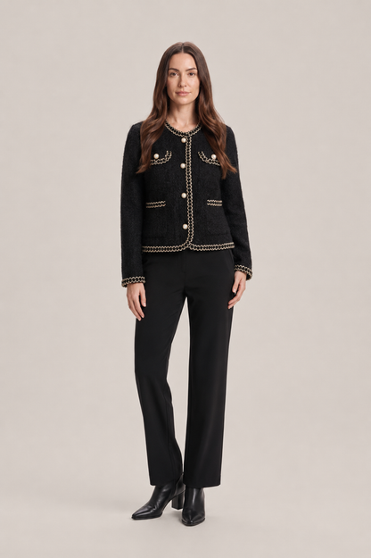 Chaqueta de tweed entallada de mujer con cuello redondo, botones de perlas y detalles de cadena - Blazer elegante para el trabajo, cenas y ocasiones especiales