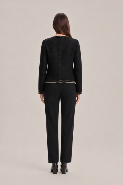 Chaqueta de tweed entallada de mujer con cuello redondo, botones de perlas y detalles de cadena - Blazer elegante para el trabajo, cenas y ocasiones especiales