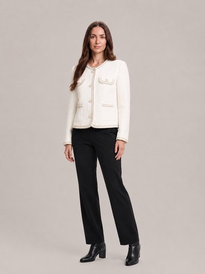 Chaqueta de tweed entallada de mujer con cuello redondo, botones de perlas y detalles de cadena - Blazer elegante para el trabajo, cenas y ocasiones especiales