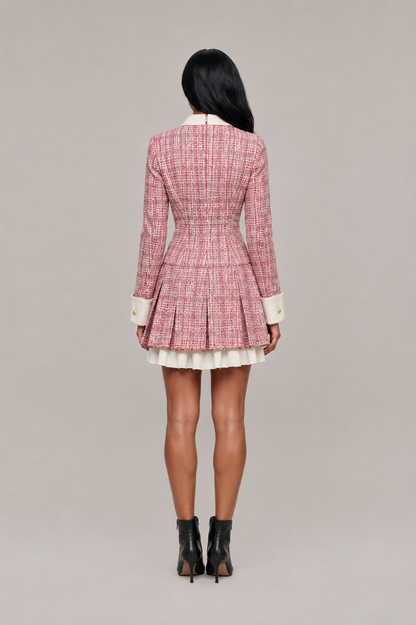 Minivestido blazer de mujer inspirado en el tweed, con cuello en contraste, botones dorados y bajo plisado - Vestido elegante para fiestas, cenas y ocasiones especiales