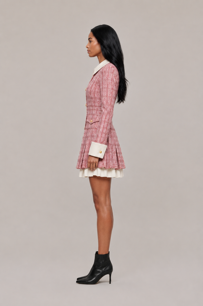 Minivestido blazer de mujer inspirado en el tweed, con cuello en contraste, botones dorados y bajo plisado - Vestido elegante para fiestas, cenas y ocasiones especiales