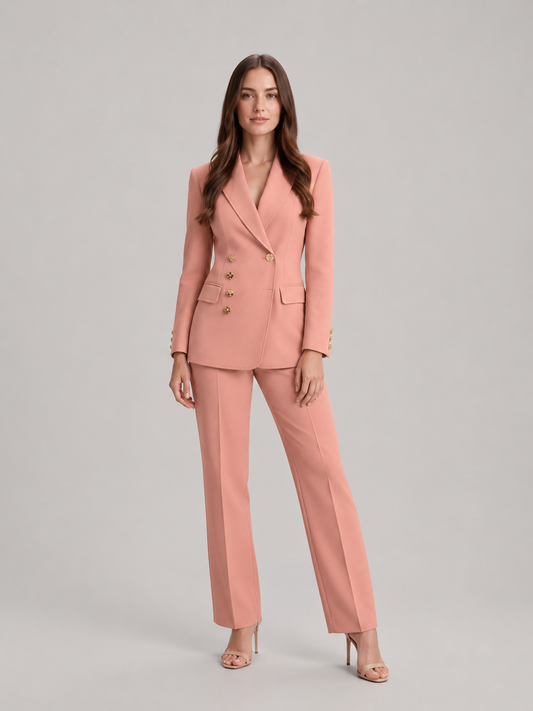Costum de damă cu pantaloni, croit în stil sartorial, cu blazer cambrat, nasturi florali aurii și pantaloni cu croială largă – costum elegant pentru birou, serviciu și stil smart casual