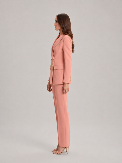Traje de pantalón sastre de mujer con blazer entallado, botones florales dorados y pantalones de pierna ancha - Conjunto elegante para la oficina, el trabajo y un estilo smart casual