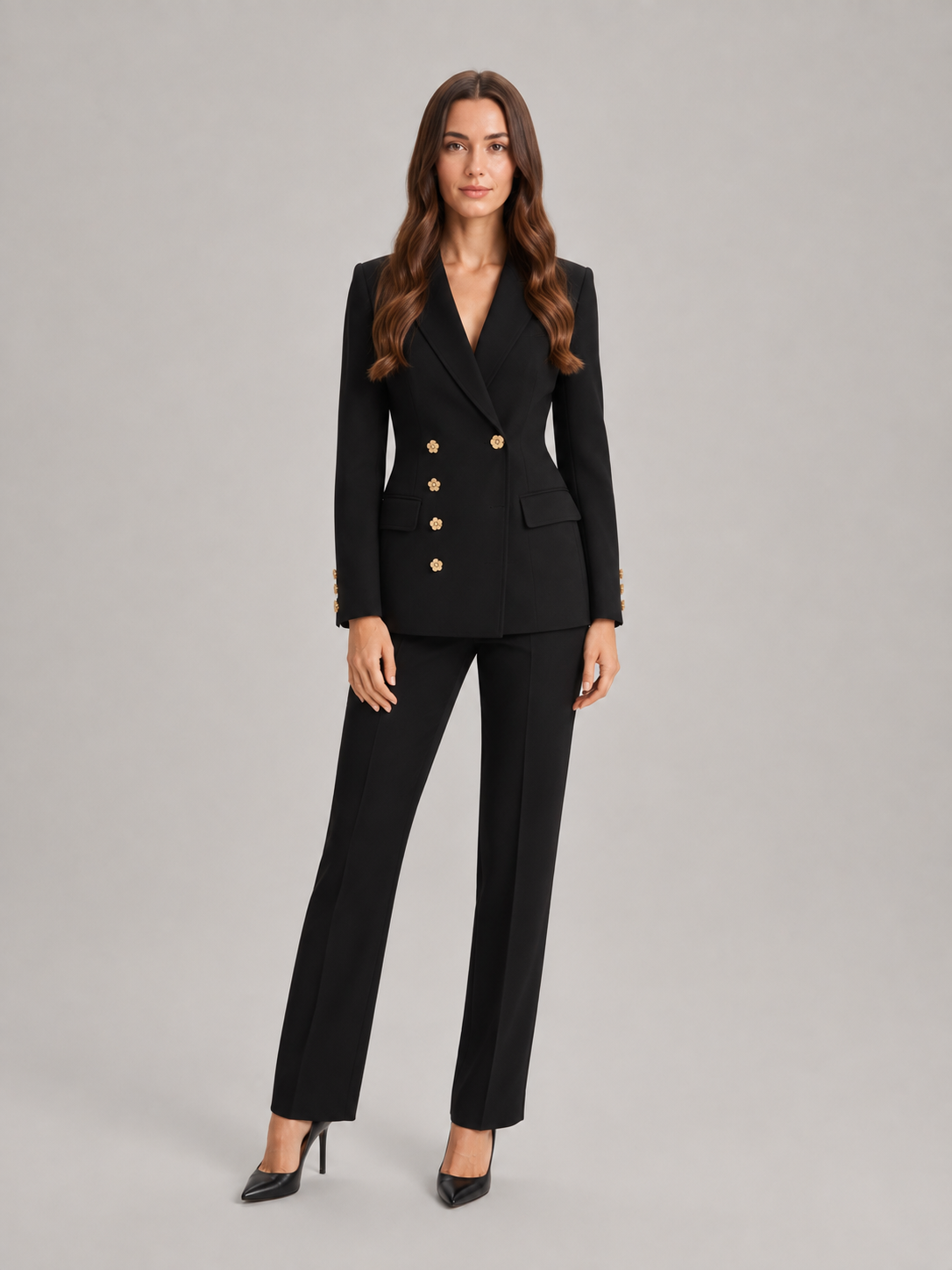 Traje de pantalón sastre de mujer con blazer entallado, botones florales dorados y pantalones de pierna ancha - Conjunto elegante para la oficina, el trabajo y un estilo smart casual