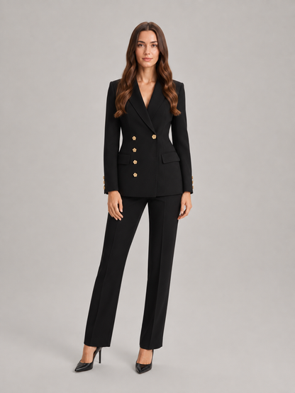 Traje de pantalón sastre de mujer con blazer entallado, botones florales dorados y pantalones de pierna ancha - Conjunto elegante para la oficina, el trabajo y un estilo smart casual