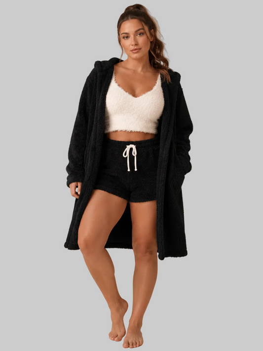 Dame Plys-loungesæt Med Cropped Camisole, Shorts Med Snøre Og Lang Hættebadekåbe – Blødt Og Hyggeligt Hjemmesæt Til Afslapning, Søvn Og Kolde Dage