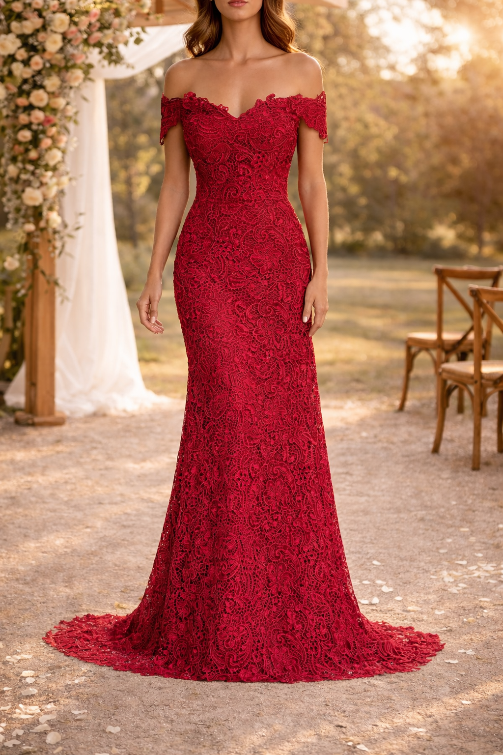 Dame Figursyet Maxikjole Med Blonde Og Off Shoulder-design – Elegant Brudekjole Til Bryllup, Vielse Og Særlige Anledninger