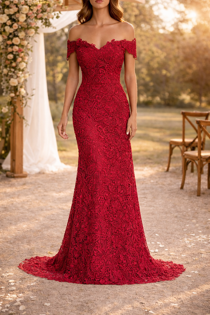 Dame Figursyet Maxikjole Med Blonde Og Off Shoulder-design – Elegant Brudekjole Til Bryllup, Vielse Og Særlige Anledninger