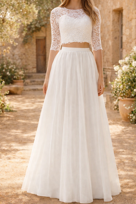 Women’s wedding dress set with lace crop top – elegant 2-piece set for weddings, parties, evening wear, and special occasions