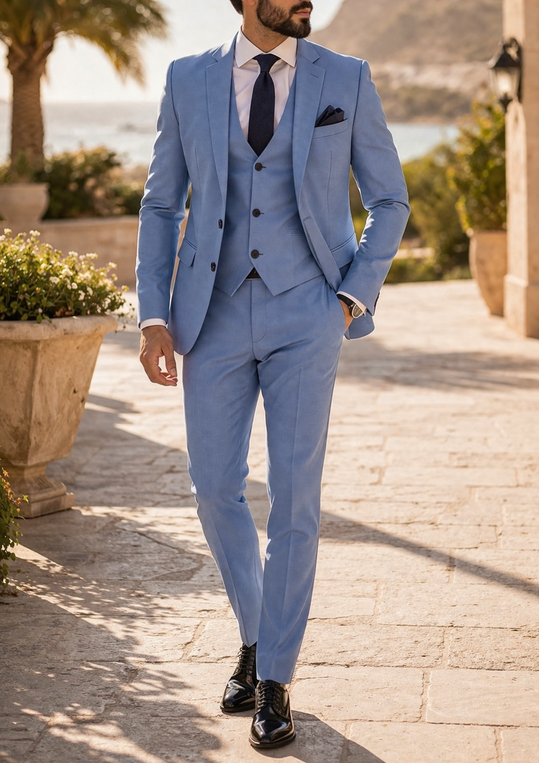 Costum bărbătesc din 3 piese, cu croială ajustată și vestă – costum elegant pentru nuntă, petrecere și ocazii formale