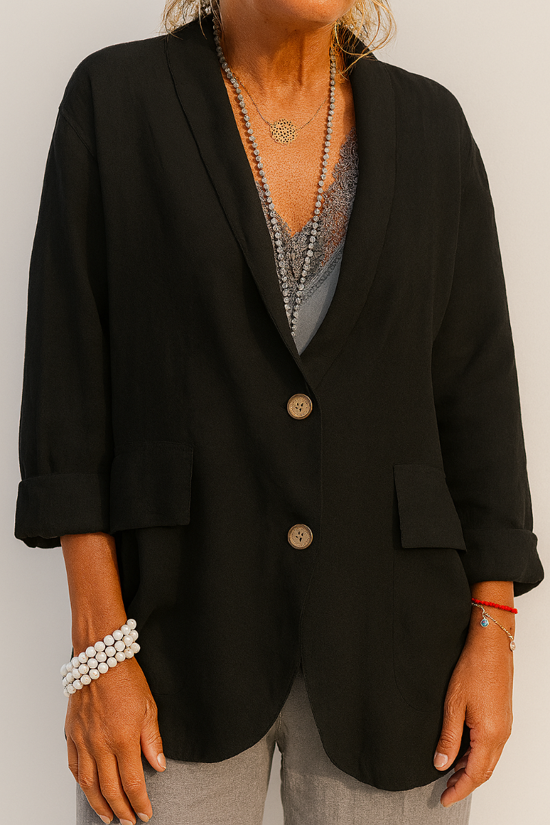Women's Relaxed Linen Blazer with Button Details - Lightweight Jacket for Everyday Wear, the Office, Leisure, and Smart Casual Style