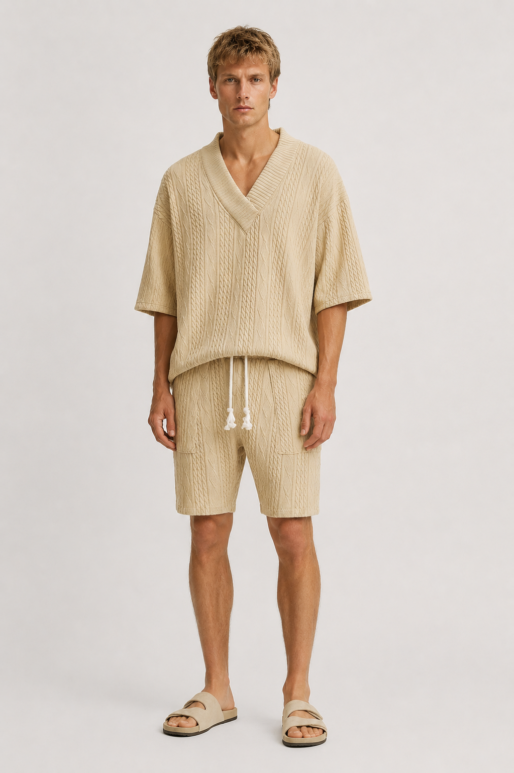 Herre Tekstureret Oversized Co-Ord Sæt Med Afslappede Shorts Og Sommerstil
