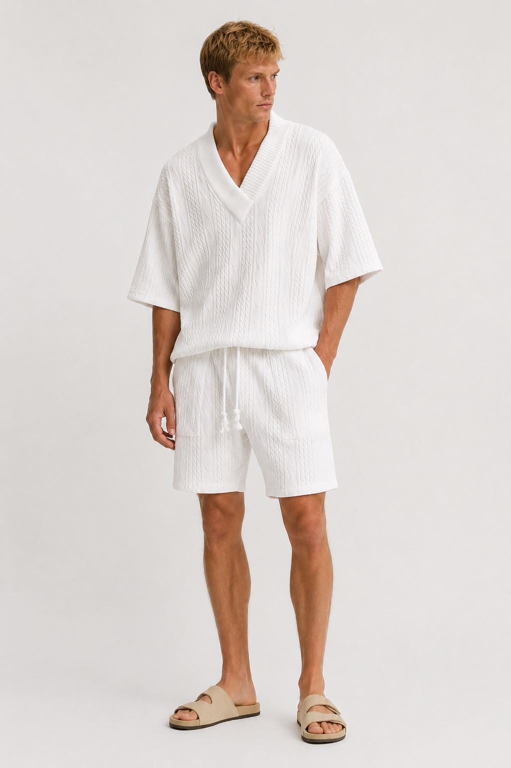 Herre Tekstureret Oversized Co-Ord Sæt Med Afslappede Shorts Og Sommerstil