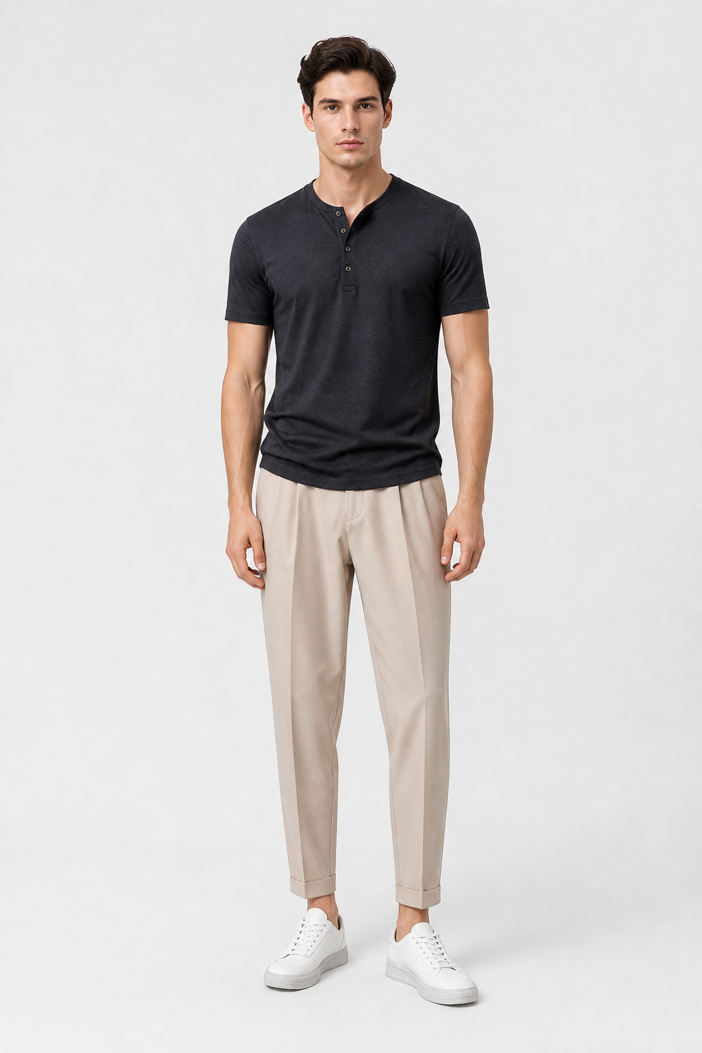 T-Shirt Med Henley Knaplukning Slim Pasform Struktureret Design