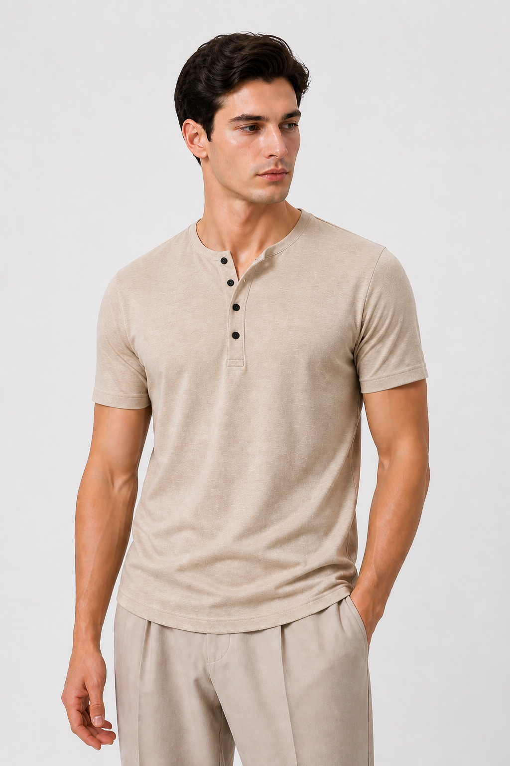 T-Shirt Med Henley Knaplukning Slim Pasform Struktureret Design