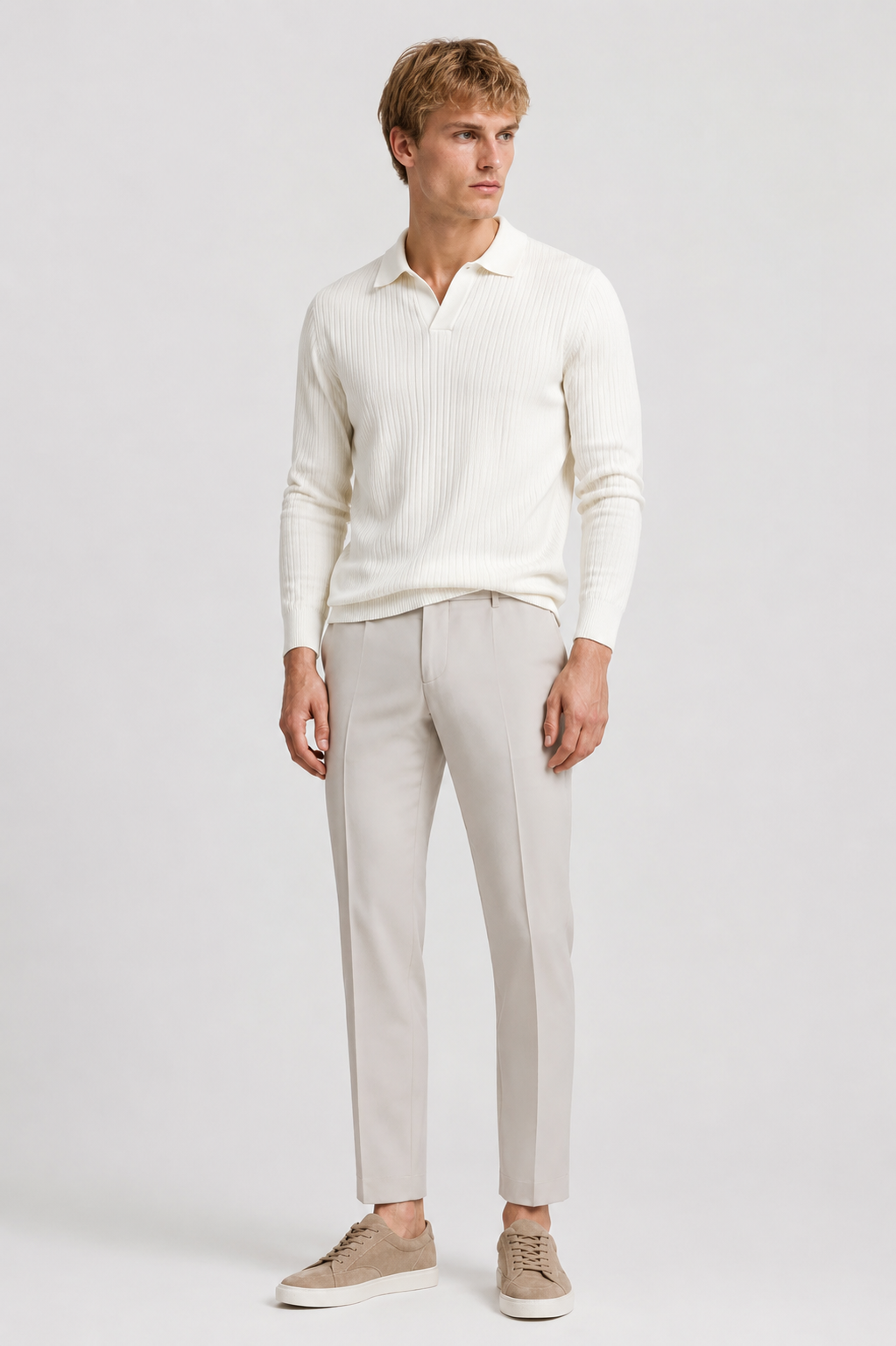 Herre Ribstrikket Polo Med Lange Ærmer Og Smart Casual Pasform
