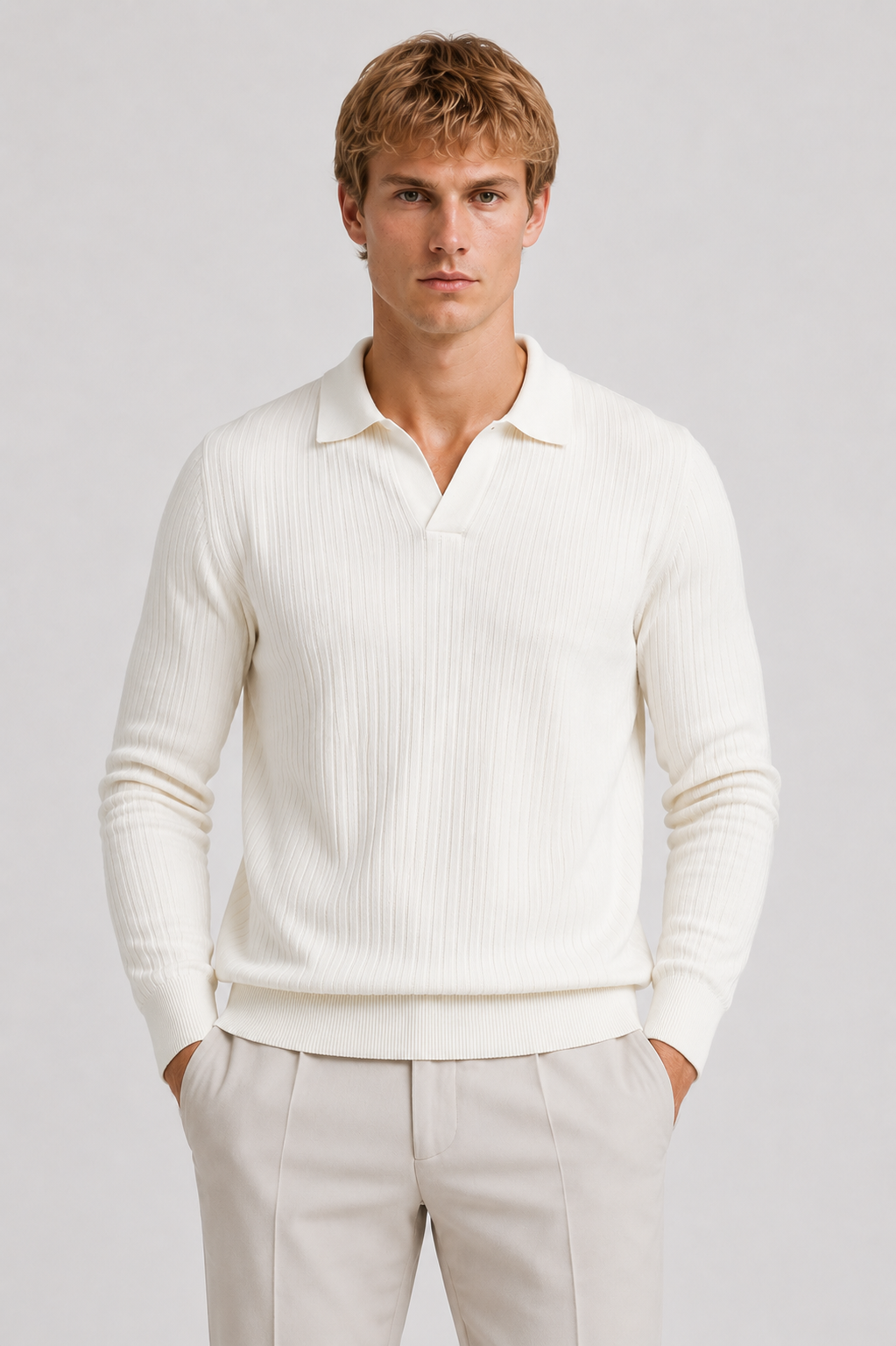 Herre Ribstrikket Polo Med Lange Ærmer Og Smart Casual Pasform
