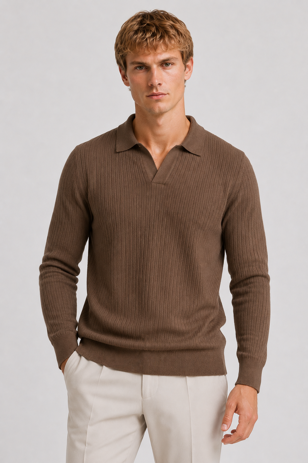 Herre Ribstrikket Polo Med Lange Ærmer Og Smart Casual Pasform