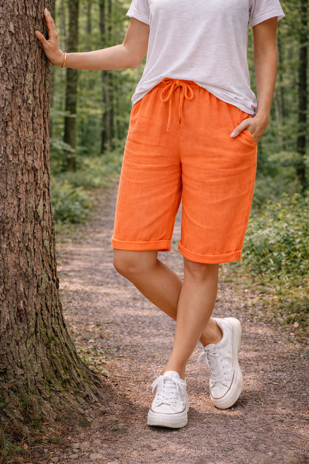 Dame Knælange Bomuldsshorts Med Snøre Og Oprullet Kant
