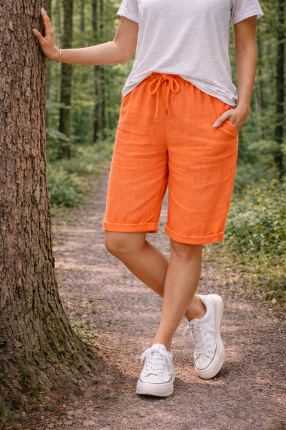 Dame Knælange Bomuldsshorts Med Snøre Og Oprullet Kant