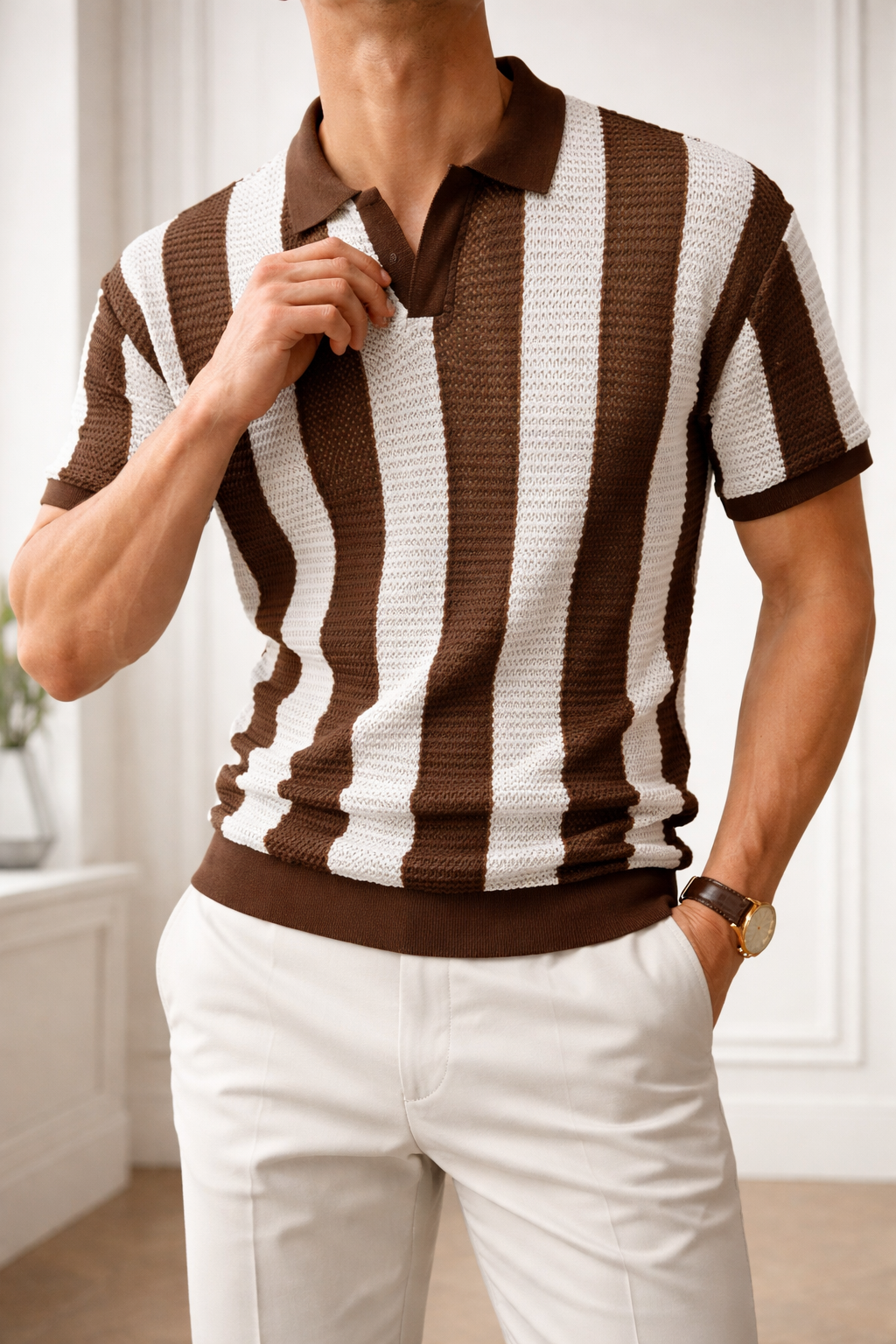 Herre Poloshirt Med Strikket Struktur Og Lodrette Striber
